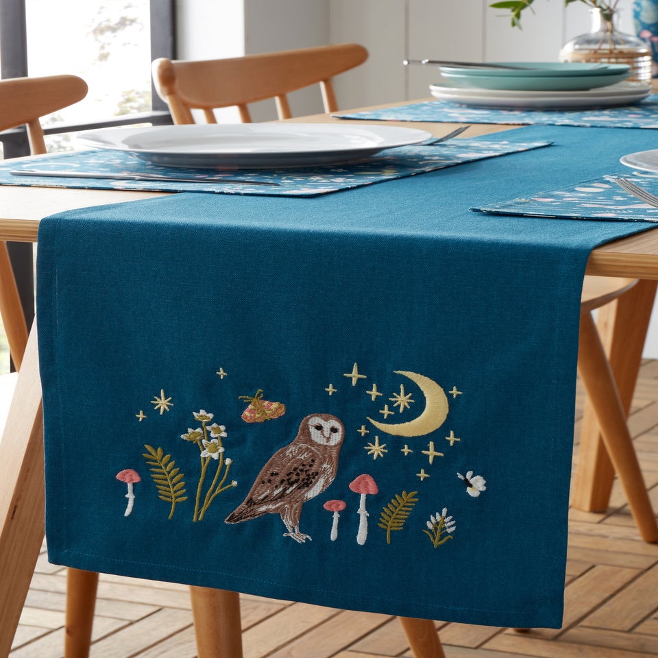 Catherine Lansfield Enchanted Twilight Animals Cotton Dining Table Runner Navy Blue