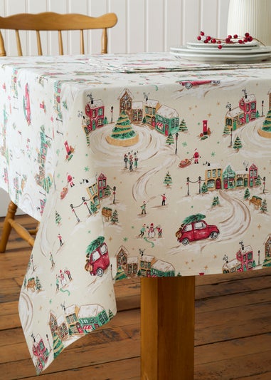 Catherine Lansfield Christmas Town Cotton Table Cloth Natural