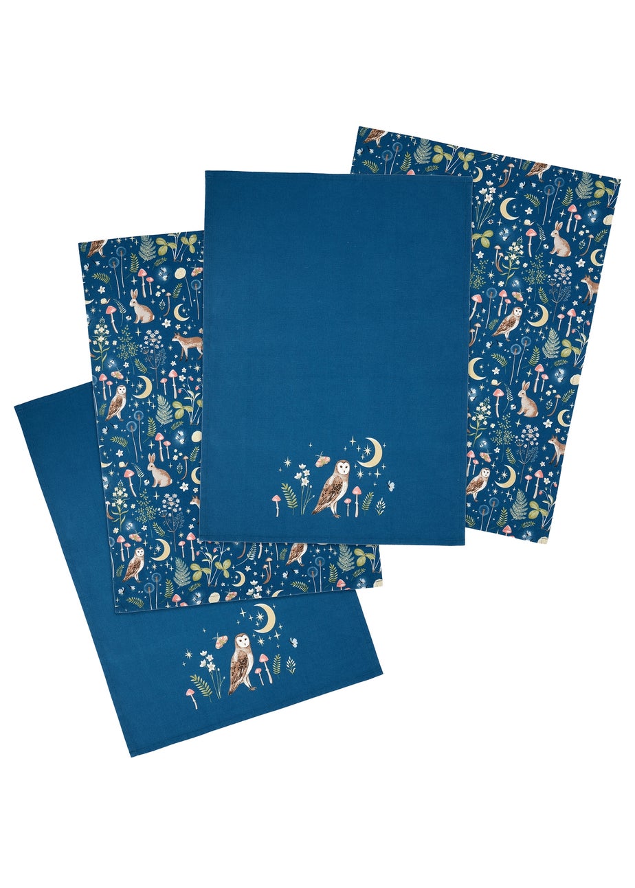 Catherine Lansfield Enchanted Twilight Animals Cotton Kitchen Tea Towel Pack of 4 Navy