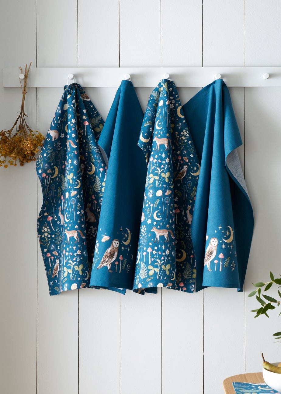 Catherine Lansfield Enchanted Twilight Animals Cotton Kitchen Tea Towel Pack of 4 Navy