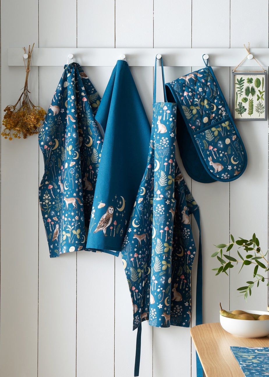 Catherine Lansfield Enchanted Twilight Animals Cotton Kitchen Tea Towel Pack of 4 Navy