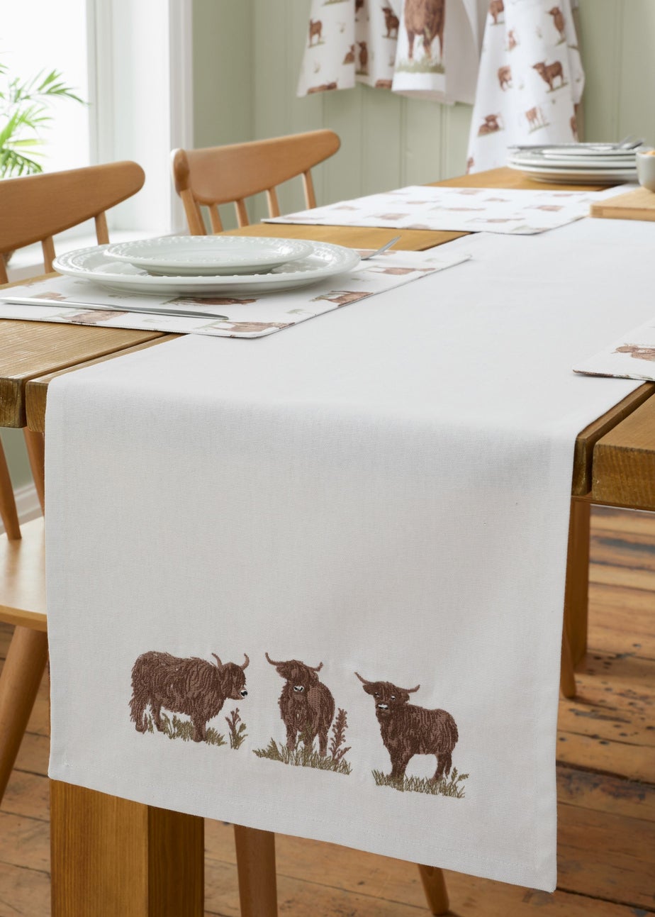 Catherine Lansfield Angus Highland Cow Cotton Dining Table Runner Natural