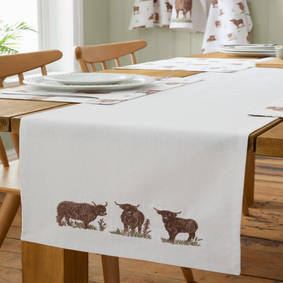 Catherine Lansfield Angus Highland Cow Cotton Dining Table Runner Natural