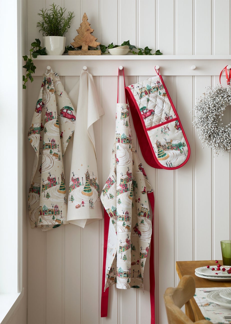 Catherine Lansfield Christmas Town Cotton Kitchen Tea Towel Pack of 4 Natural