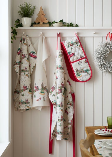 Catherine Lansfield Christmas Town Cotton Kitchen Tea Towel Pack of 4 Natural