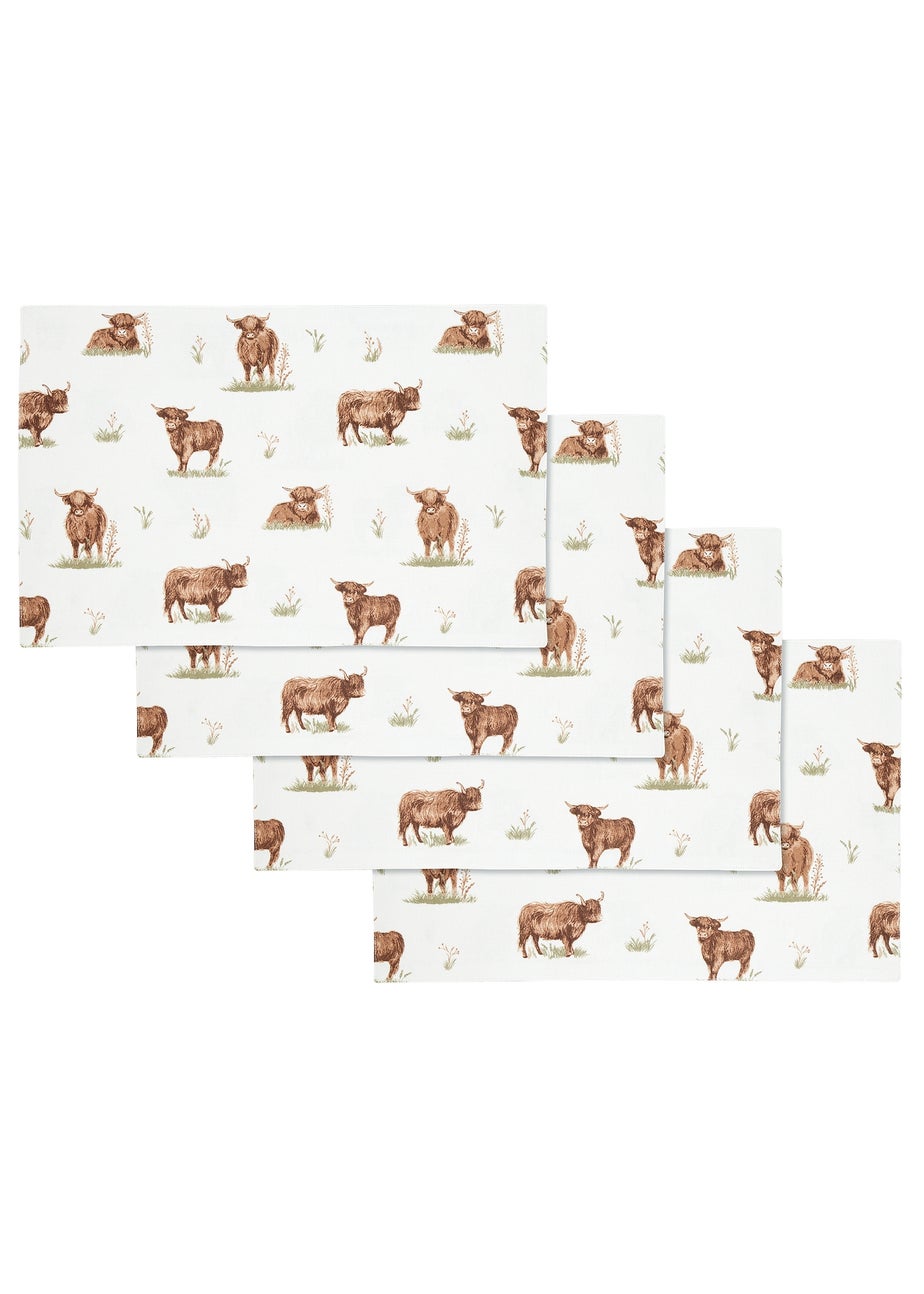 Catherine Lansfield Angus Highland Cow Cotton Dining Placemat 4 Pack Natural