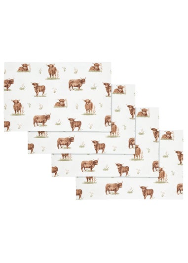 Catherine Lansfield Angus Highland Cow Cotton Dining Placemat 4 Pack Natural