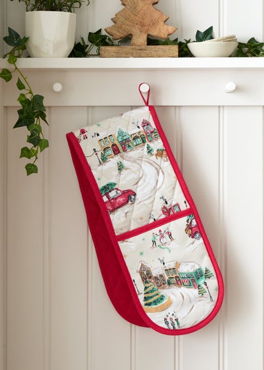 Catherine Lansfield Christmas Town Cotton Kitchen Double Oven Glove Natural