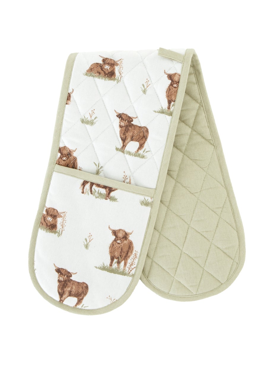Catherine Lansfield Angus Highland Cow Cotton Kitchen Double Oven Glove Natural