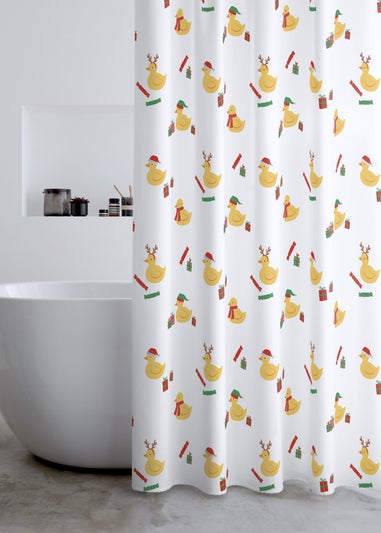 Catherine Lansfield Christmas Quacker Shower Curtain White
