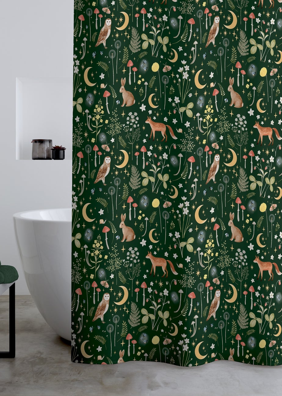 Catherine Lansfield Enchanted Twilight Animals Shower Curtain Forest Green