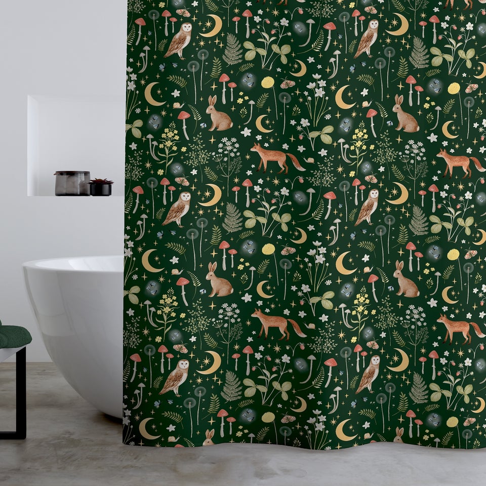 Catherine Lansfield Enchanted Twilight Animals Shower Curtain Forest Green