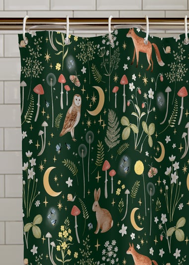 Catherine Lansfield Enchanted Twilight Animals Shower Curtain Forest Green
