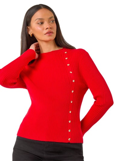 Dusk Red High Neck Button Detail Rib Jumper