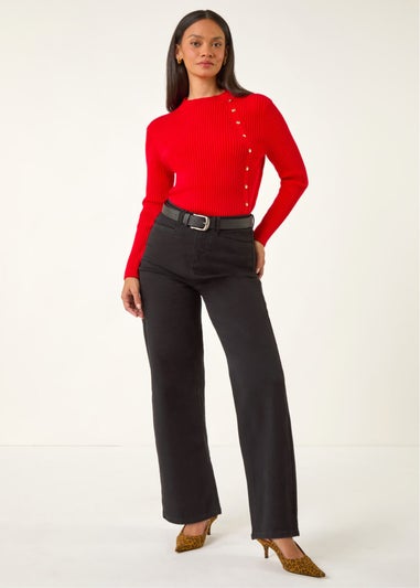 Dusk Red High Neck Button Detail Rib Jumper