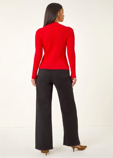 Dusk Red High Neck Button Detail Rib Jumper