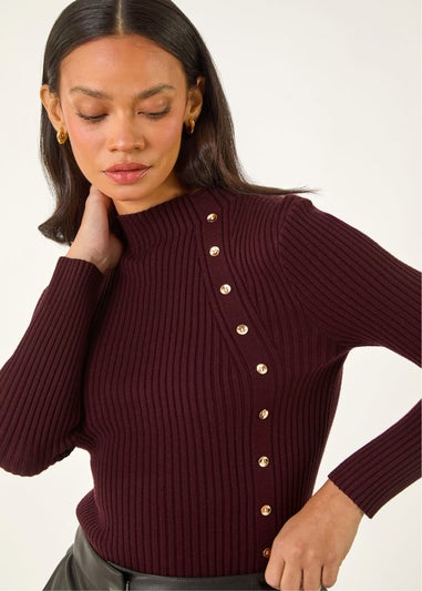 Dusk Purple High Neck Button Detail Rib Jumper