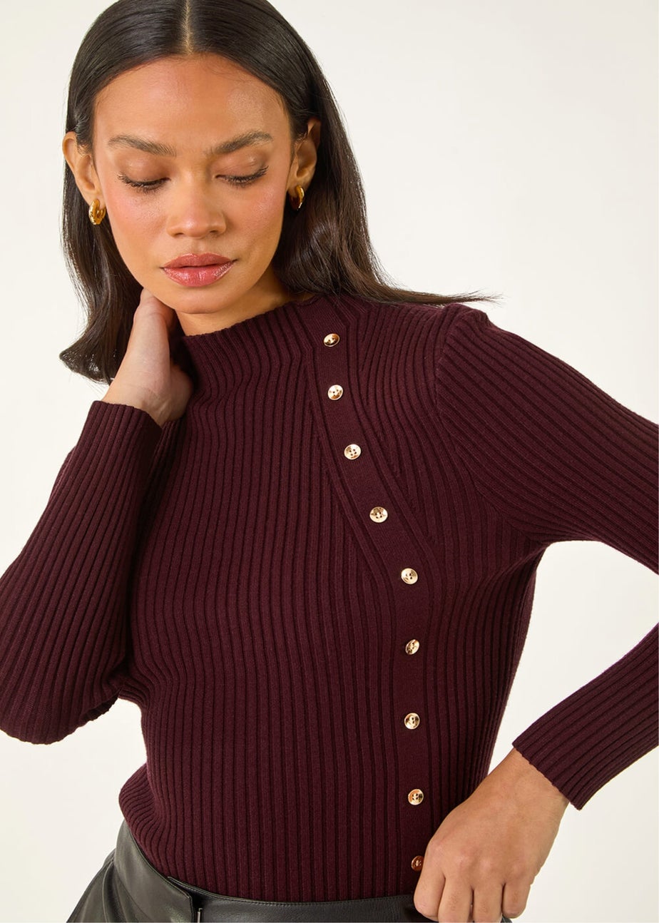 Dusk Purple High Neck Button Detail Rib Jumper