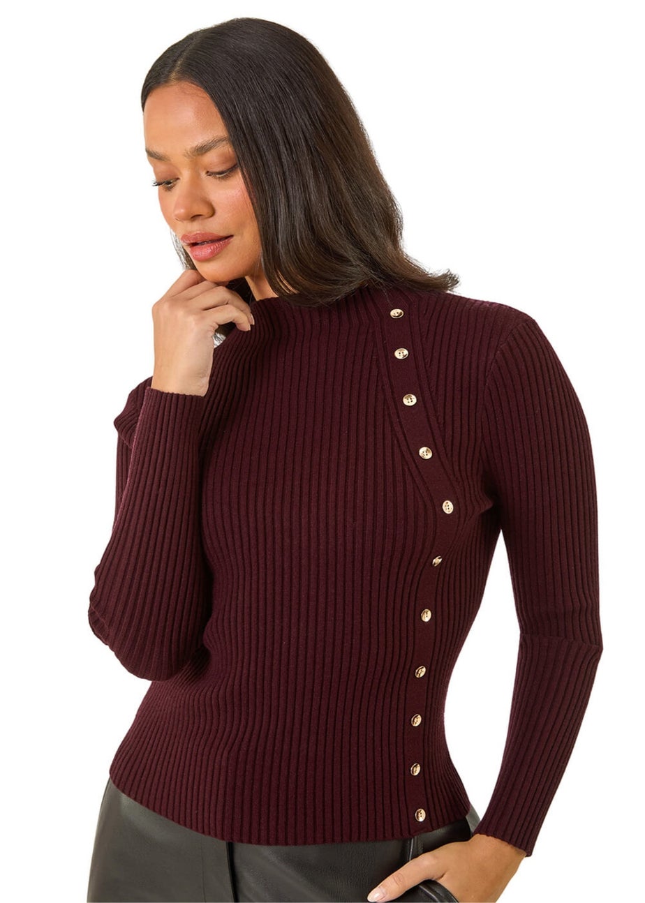 Dusk Purple High Neck Button Detail Rib Jumper