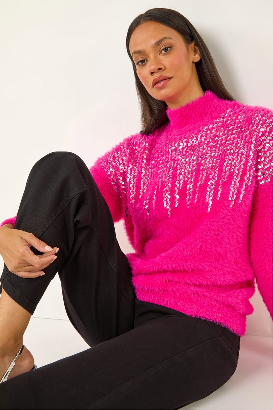 Dusk Pink Sequin Embellished Fluffy Knit Jumper