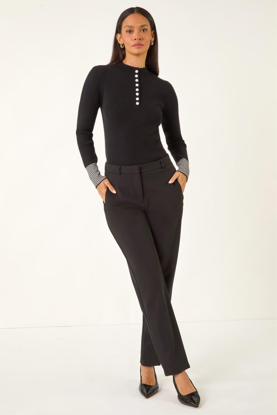 Dusk Black Buttoned Ribbed Knit Jumper