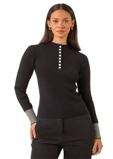 Dusk Black Buttoned Ribbed Knit Jumper