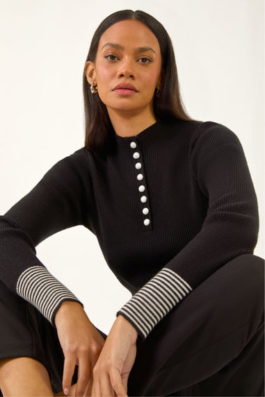 Dusk Black Buttoned Ribbed Knit Jumper