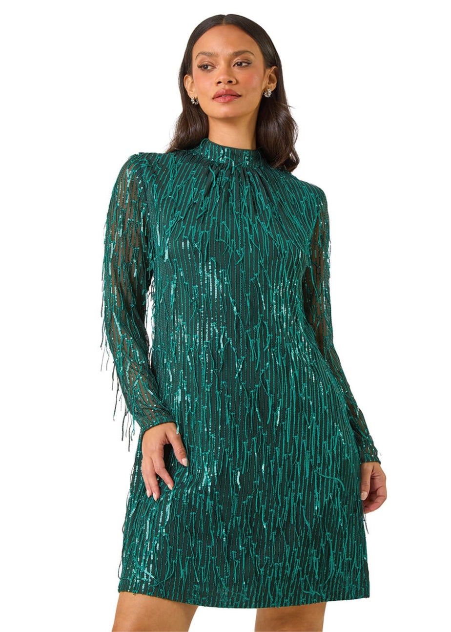 Dusk Green All Over Fringe Shift Dress