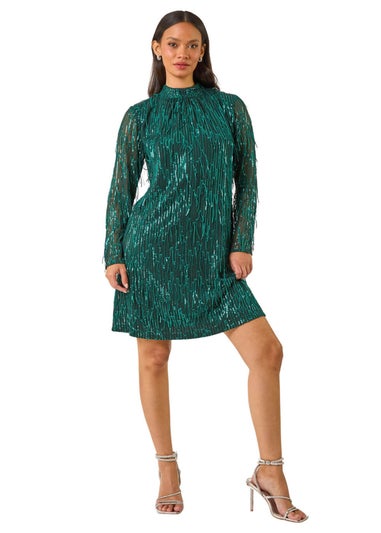 Dusk Green All Over Fringe Shift Dress