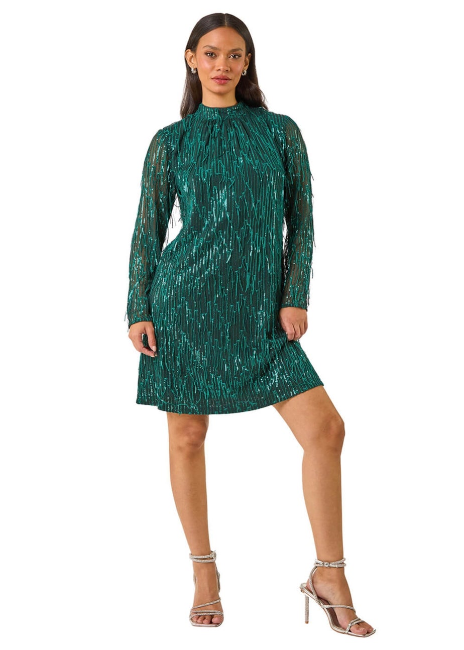 Dusk Green All Over Fringe Shift Dress
