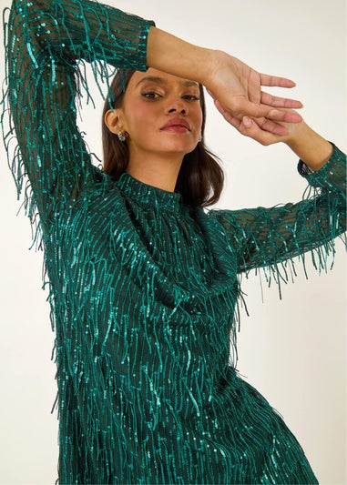 Dusk Green All Over Fringe Shift Dress
