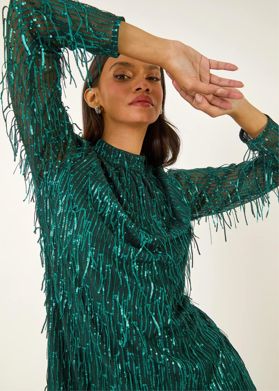 Dusk Green All Over Fringe Shift Dress