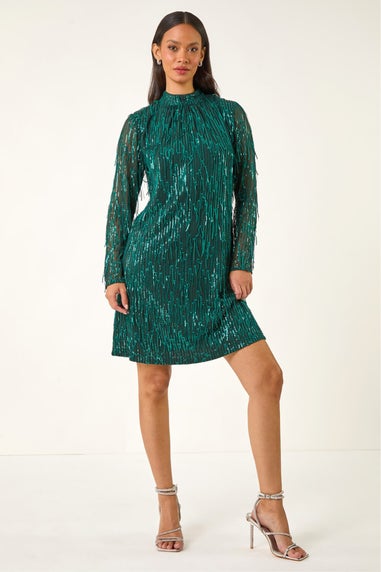 Dusk Green All Over Fringe Shift Dress