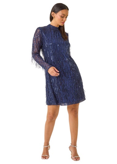 Dusk Navy Blue All Over Fringe Shift Dress