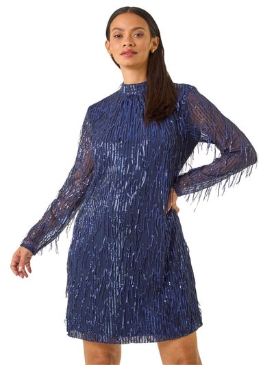 Dusk Navy Blue All Over Fringe Shift Dress