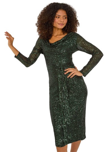 Dusk Dark Green Sequin Cowl Neck Pencil Stretch Dress