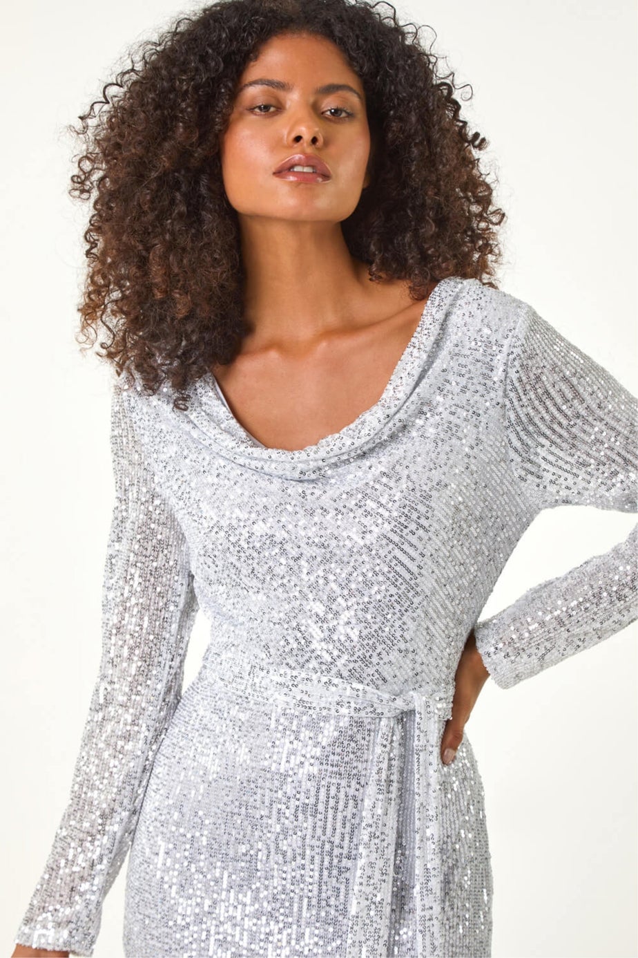 Dusk Silver Sequin Cowl Neck Pencil Stretch Dress