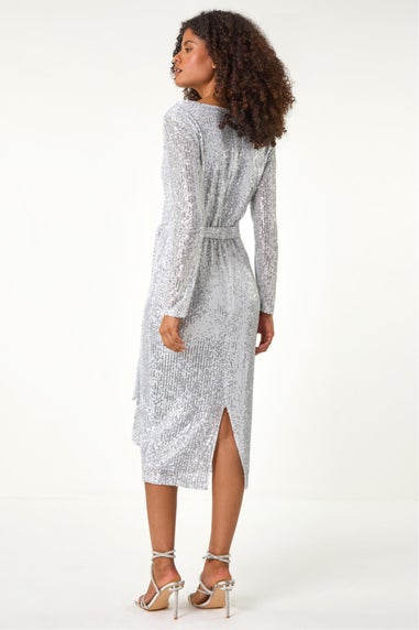 Dusk Silver Sequin Cowl Neck Pencil Stretch Dress
