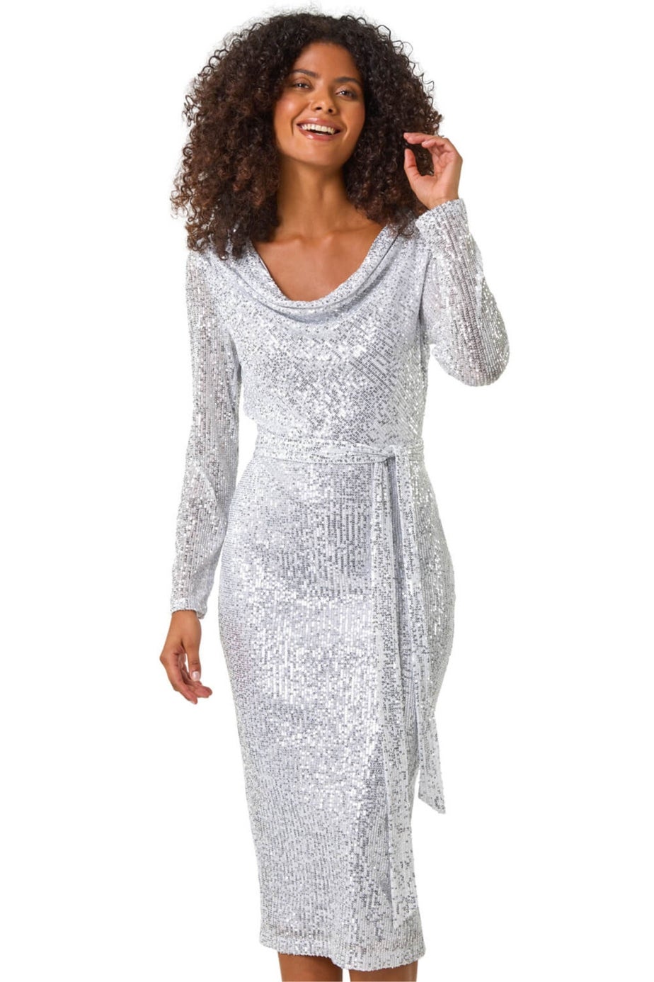 Dusk Silver Sequin Cowl Neck Pencil Stretch Dress
