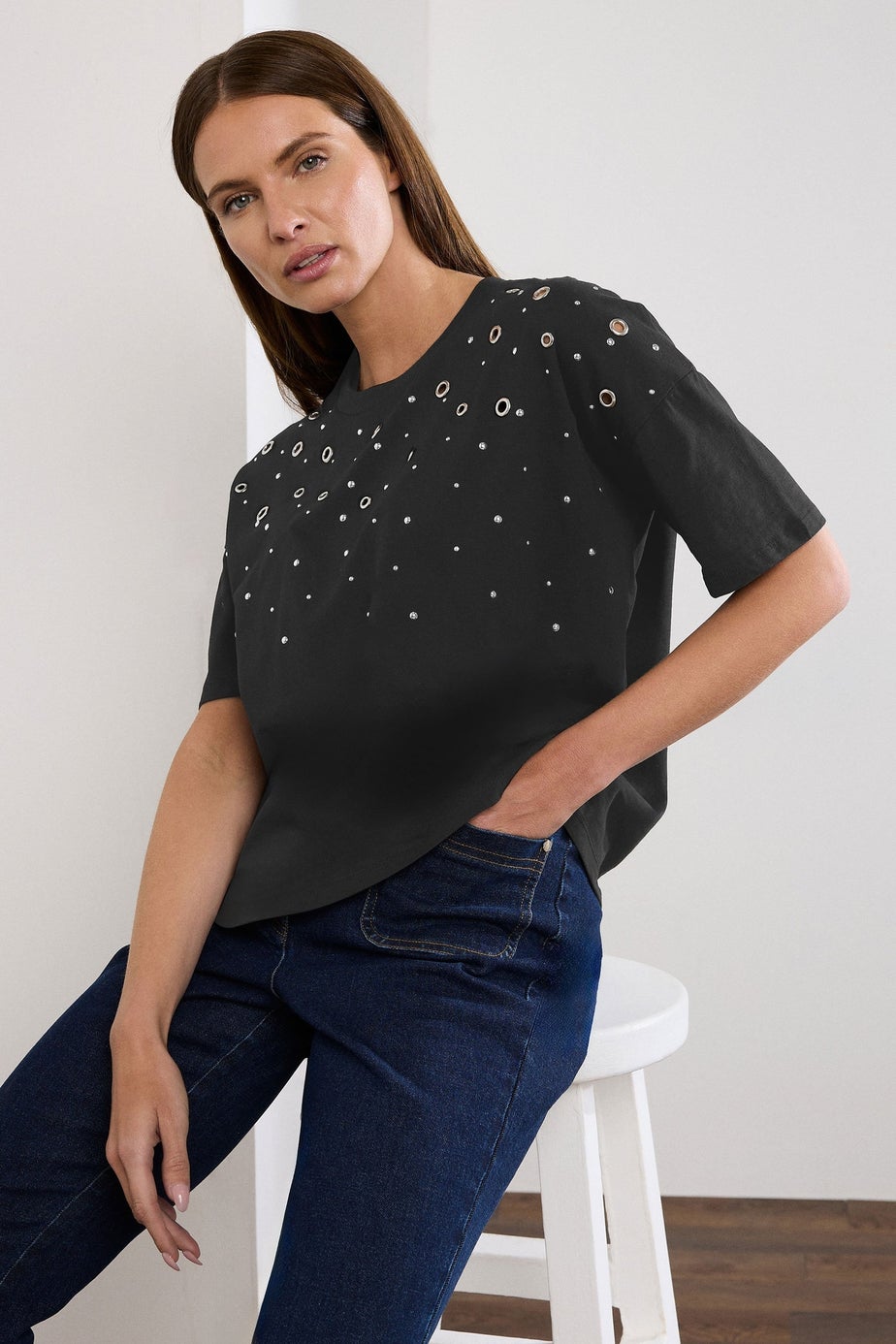 Star By Julien Macdonald Black Eyelet Detail Short Sleeve T-Shirt