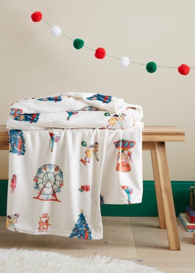 Belle & Boo Christmas Fairground Cosy Fleece Blanket Throw Cream