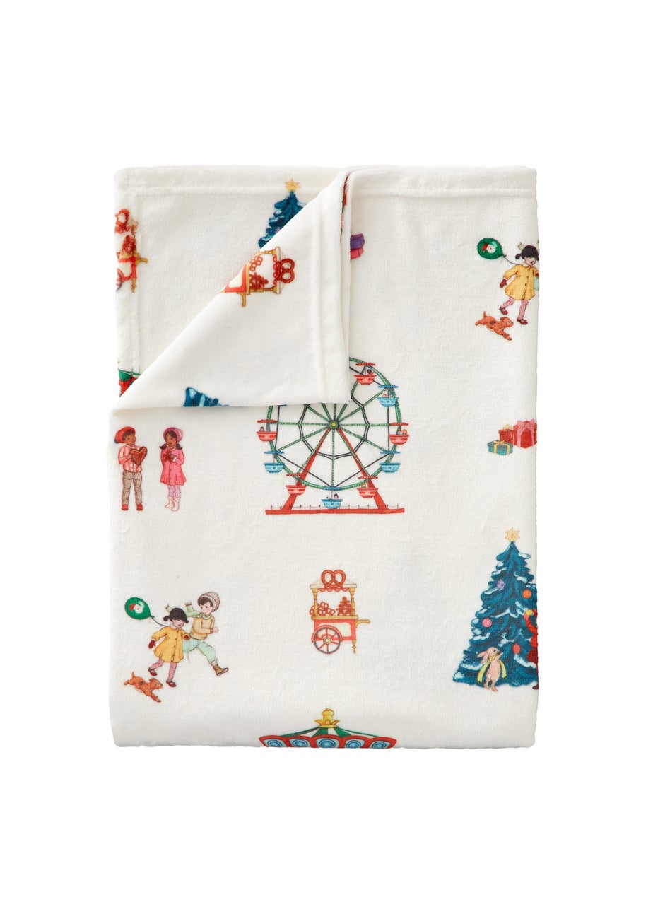 Belle & Boo Christmas Fairground Cosy Fleece Blanket Throw Cream