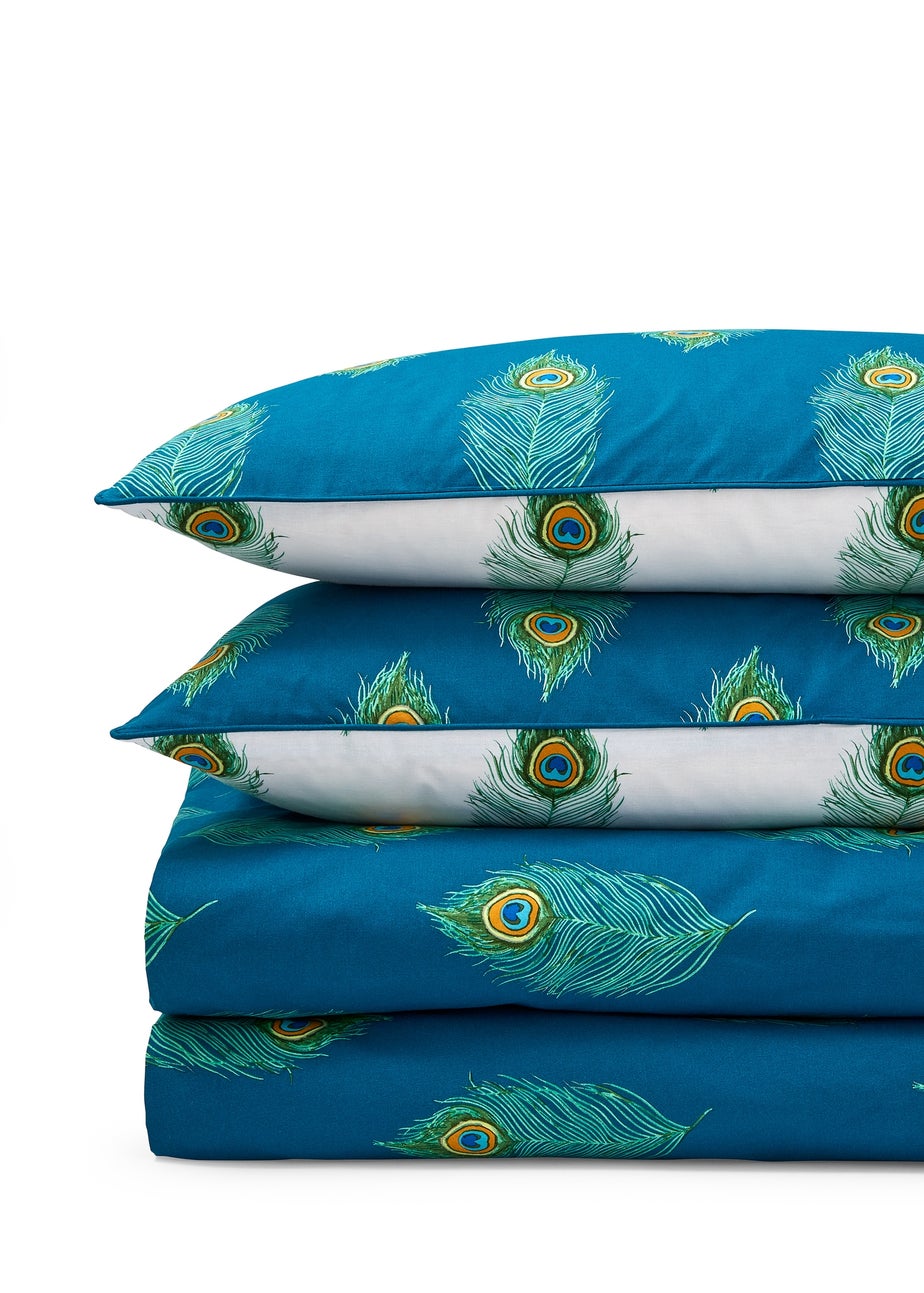 Their Nibs Peacock Feather Cotton Reversible Duvet Cover Set Teal Green