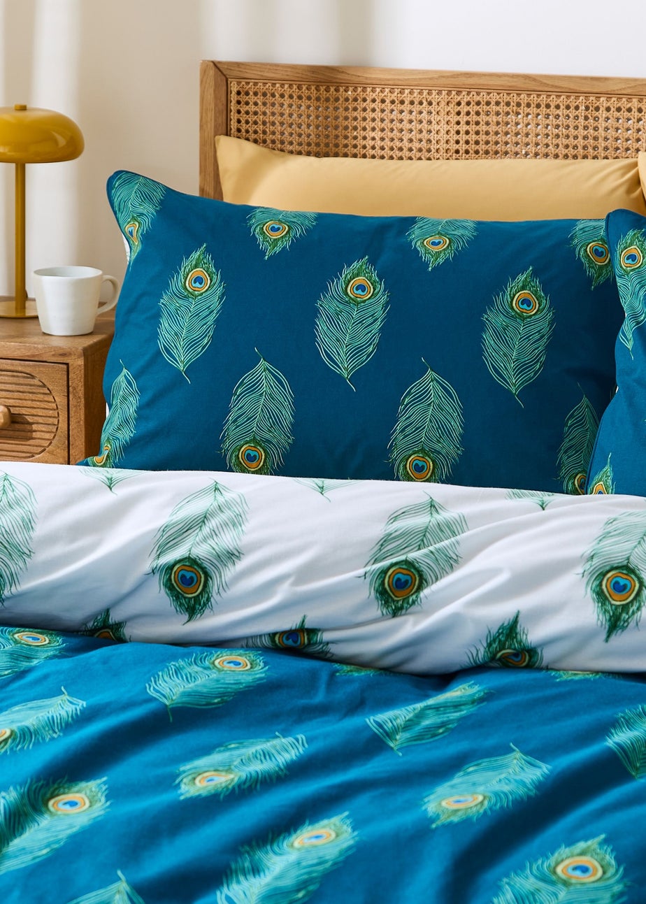 Their Nibs Peacock Feather Cotton Reversible Duvet Cover Set Teal Green