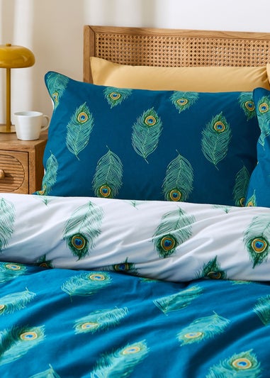 Their Nibs Peacock Feather Cotton Reversible Duvet Cover Set Teal Green
