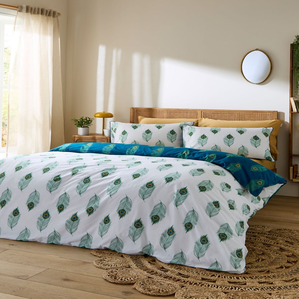 Their Nibs Peacock Feather Cotton Reversible Duvet Cover Set Teal Green