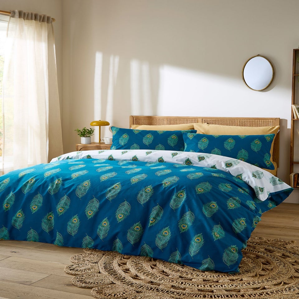 Their Nibs Peacock Feather Cotton Reversible Duvet Cover Set Teal Green