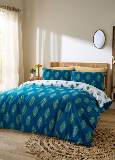 Their Nibs Peacock Feather Cotton Reversible Duvet Cover Set Teal Green
