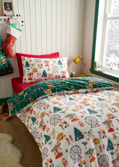 Belle & Boo Christmas Fairground Reversible Cotton Duvet Cover Set Green