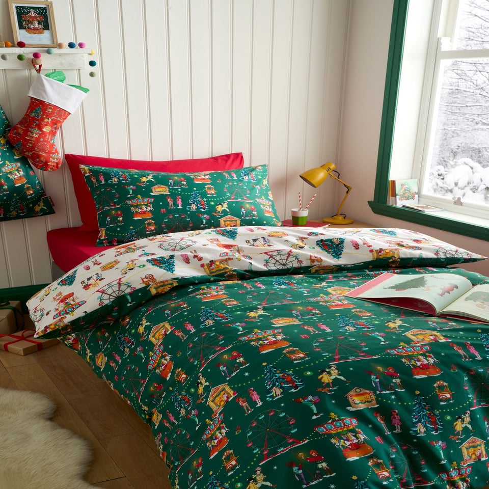 Belle & Boo Christmas Fairground Reversible Cotton Duvet Cover Set Green